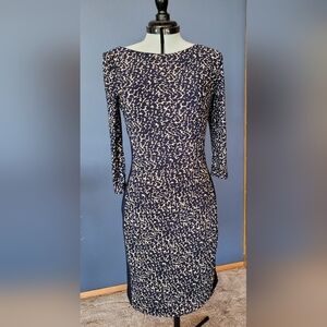 Lauren Ralph Lauren Blue and Cream Bodycon Dress Long Sleeve Crew Neck